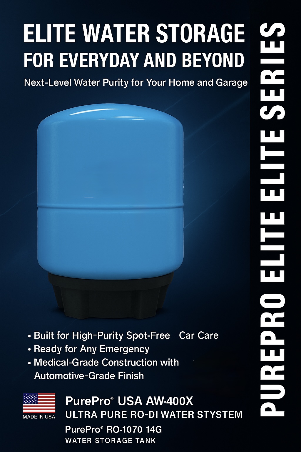 PurePro RO-1070 14G blue pressure tank for RO+DI water systems, built for compact car care and emergency drinking water.