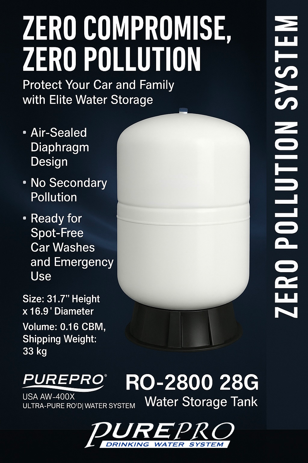 PurePro RO-2800 28G reverse osmosis pressure tank for car detailing and home water reserve.