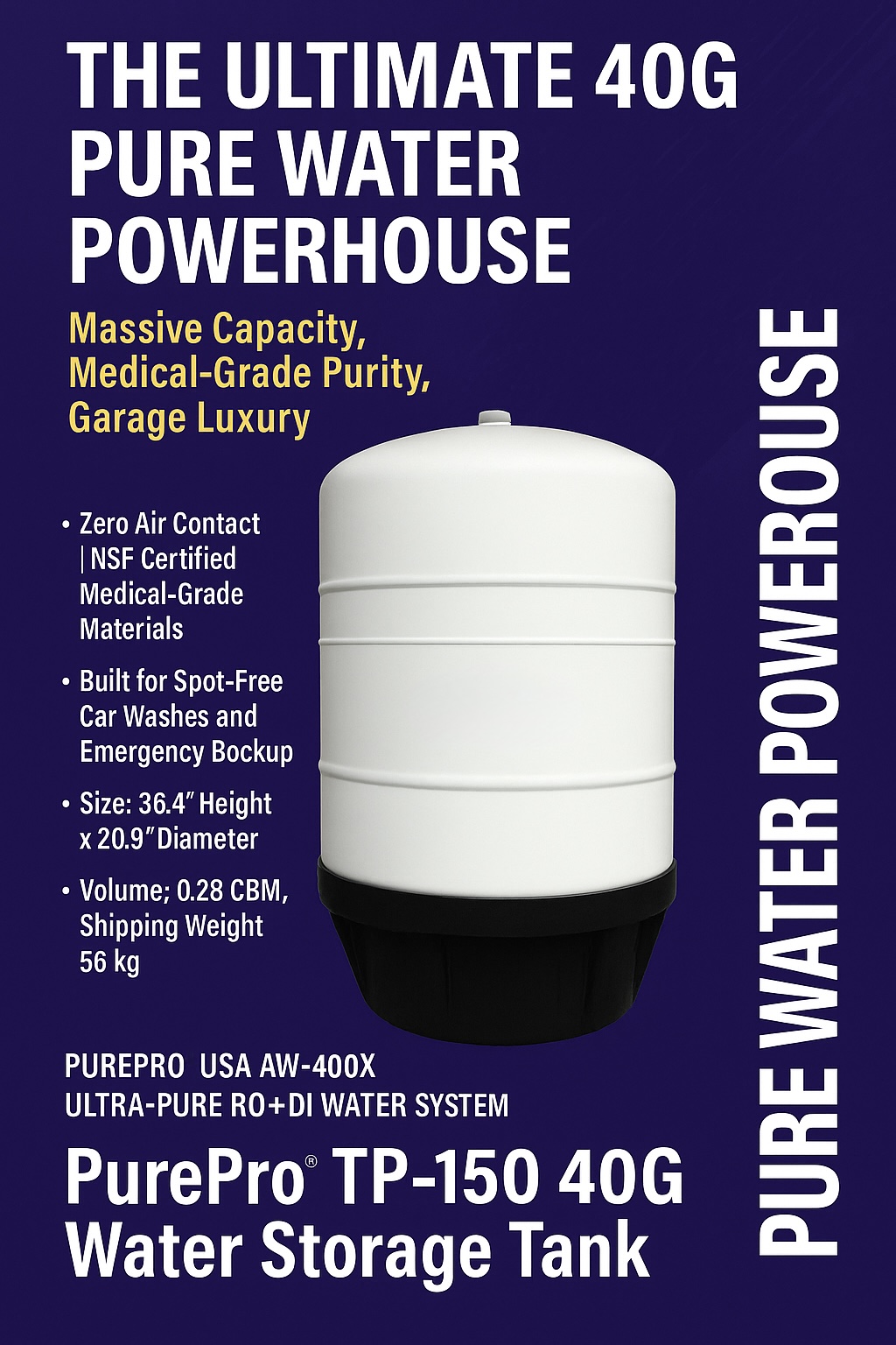 PurePro TP-150 40G RO+DI water tank with large capacity for professional car care and disaster readiness.