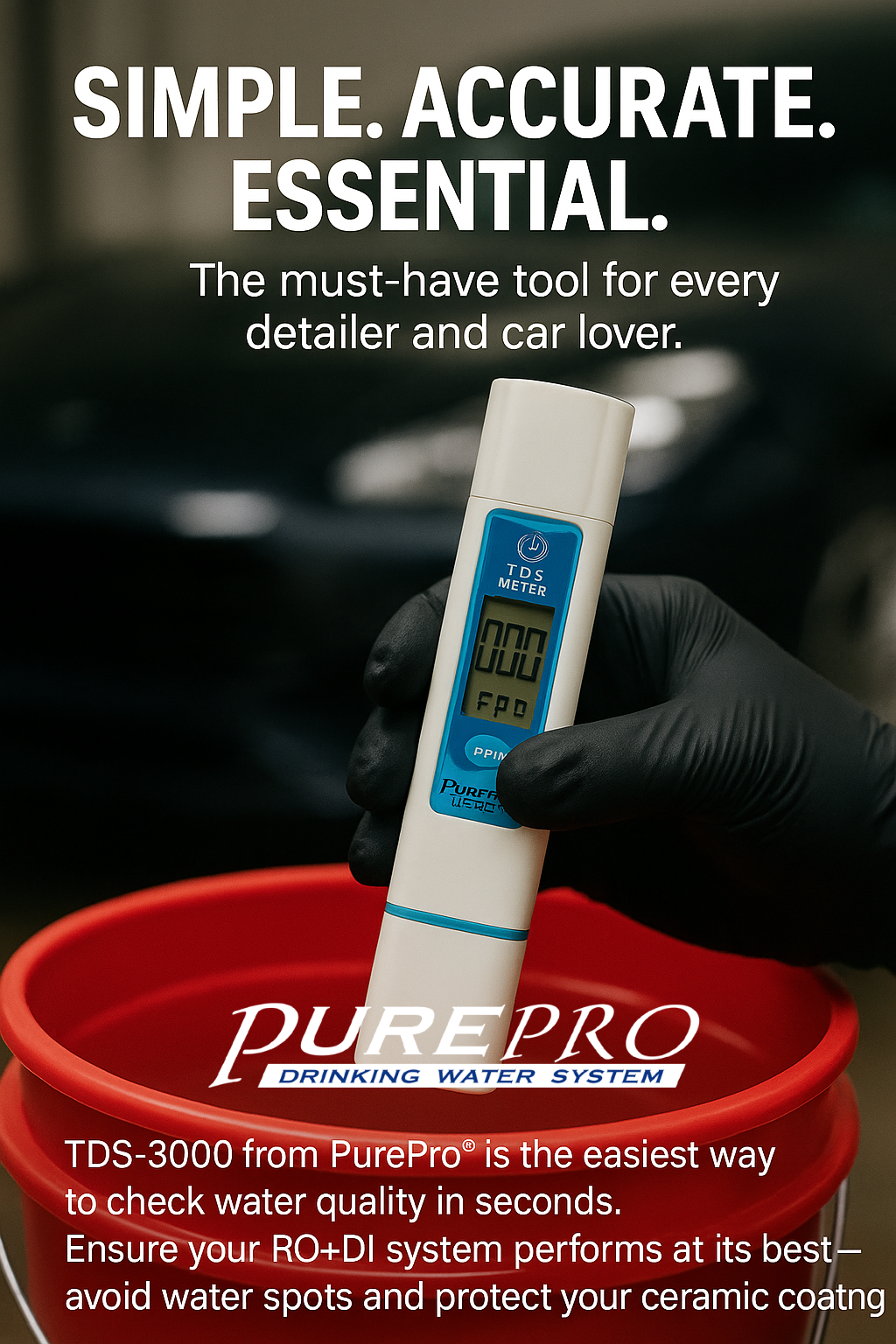 PurePro TDS-3000 digital TDS meter used for checking rinse water purity during car detailing.