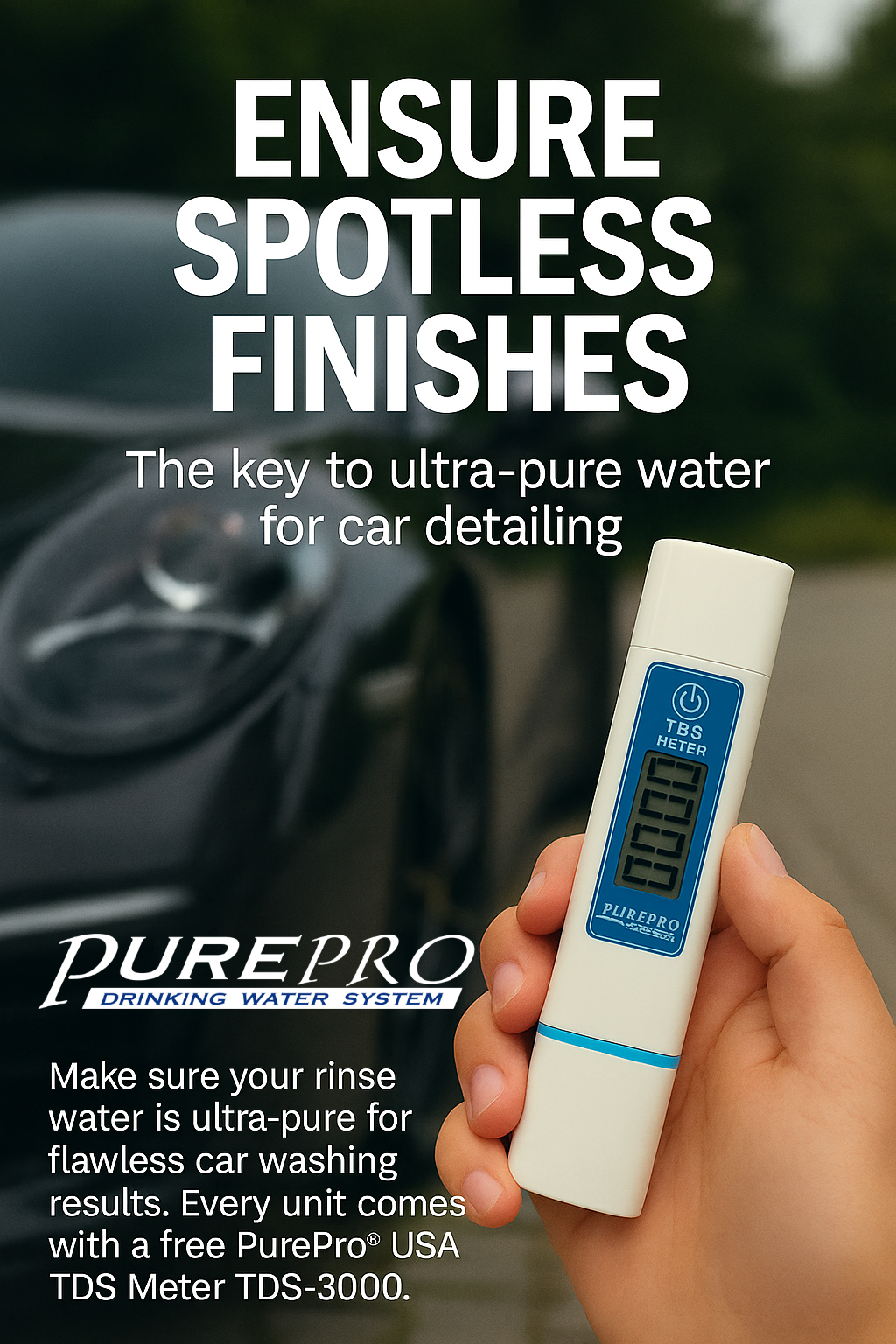 Hand holding PurePro TDS-3000 meter in front of luxury vehicle, confirming ultra-pure rinse water for spot-free finish.