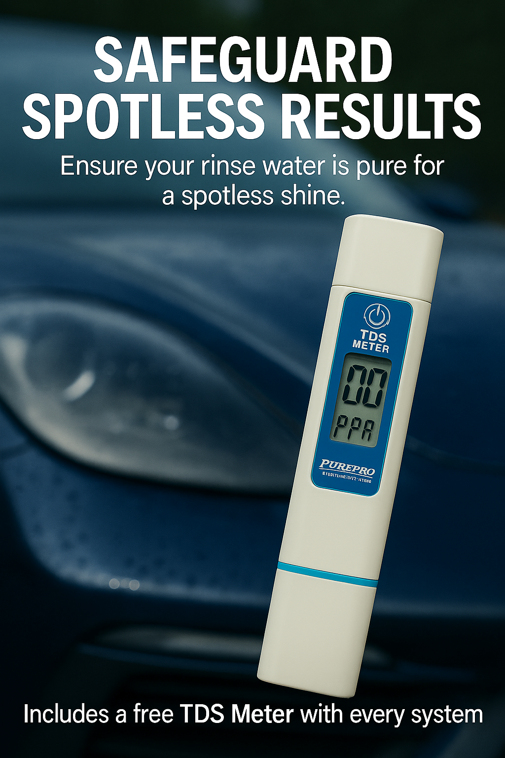 PurePro TDS-3000 meter reading 0 ppm, used to confirm perfect rinse water purity for ceramic-coated vehicles.