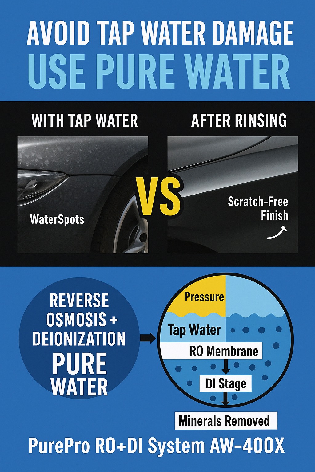 Detailing a dark luxury car with a flawless finish using spot free car wash technology from PurePro® AW-400X ULTRA-PURE RO+DI WATER SYSTEM, avoiding swirl marks and achieving a perfect shine.