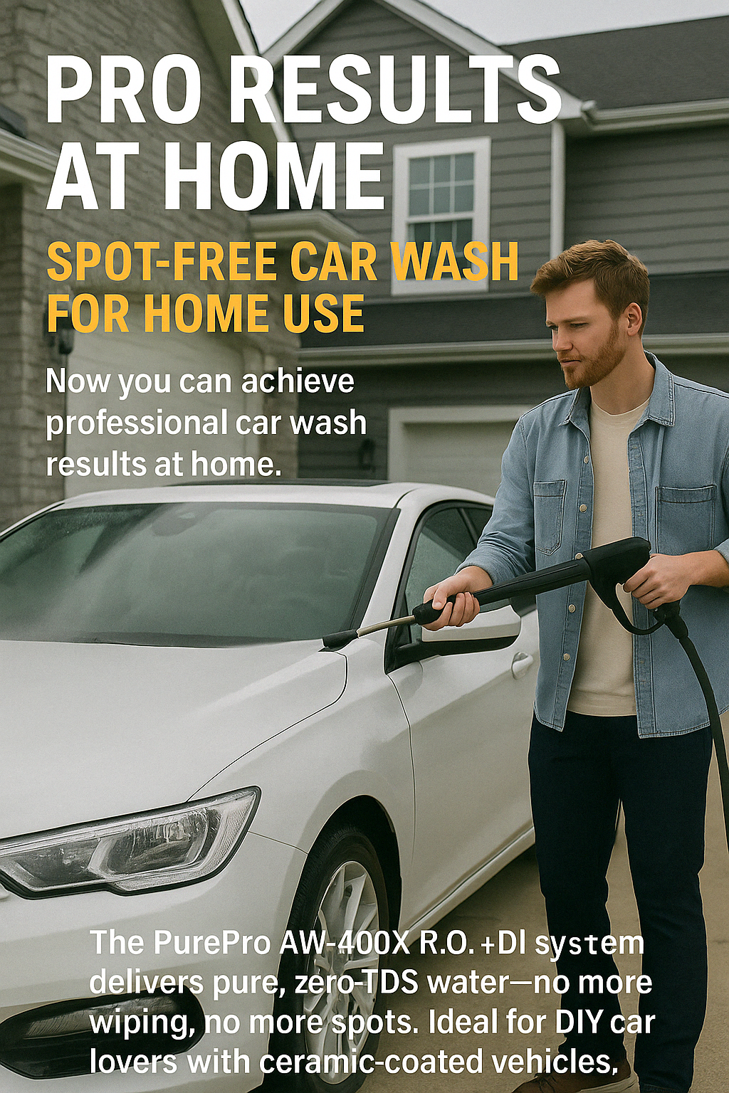 Professional-grade spot free car wash at home with PurePro® AW-400X ULTRA-PURE RO+DI WATER SYSTEM, featuring effortless rinsing and perfect water spot prevention for luxury white vehicles.