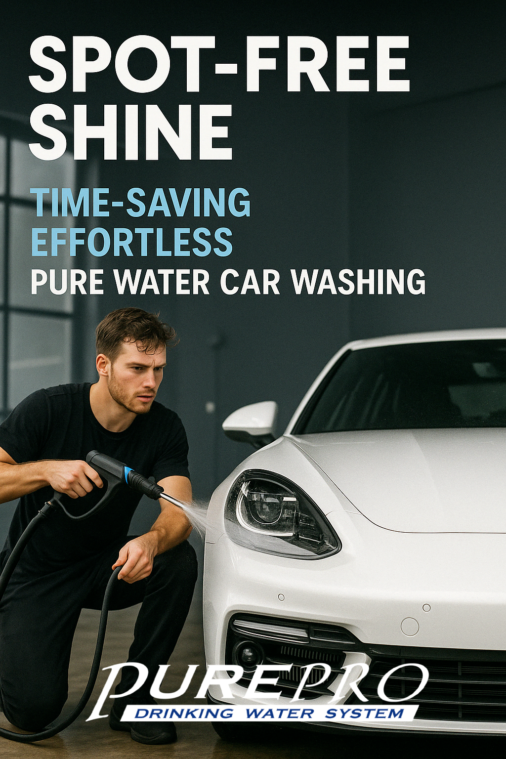 Professional-grade spot free car wash at home with PurePro® AW-400X ULTRA-PURE RO+DI WATER SYSTEM, featuring effortless rinsing and perfect water spot prevention for luxury white vehicles.