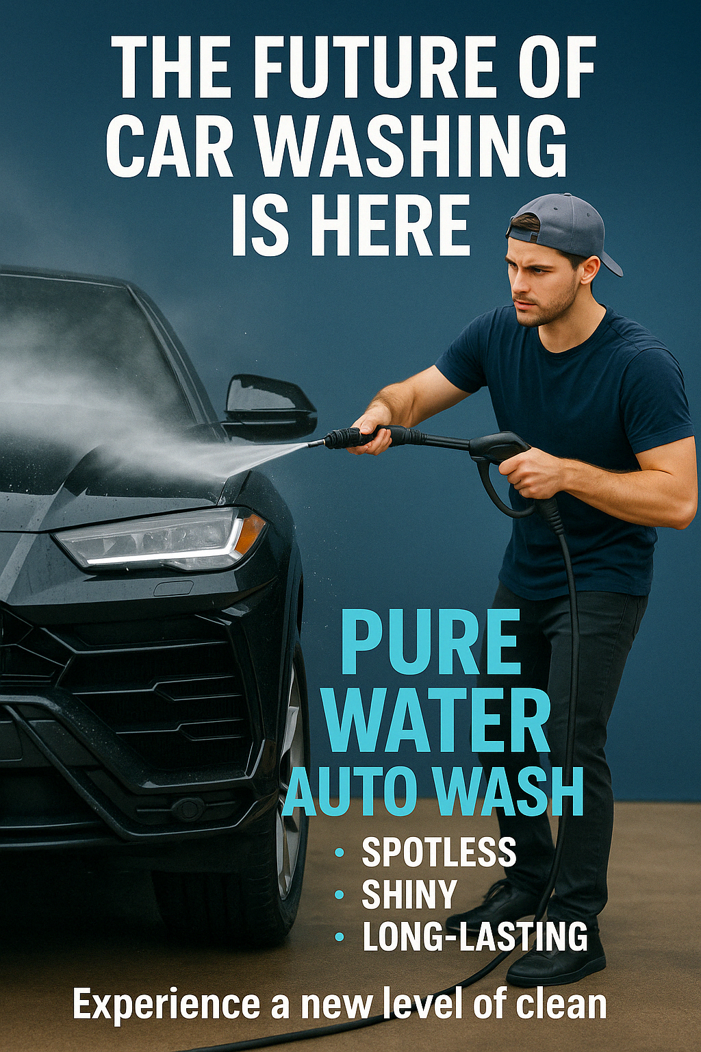 Young man using a high-pressure washer powered by the PurePro® AW-400X ULTRA-PURE RO+DI WATER SYSTEM to perform a spot free car wash, ensuring a spotless, shiny, and long-lasting clean on a black SUV.