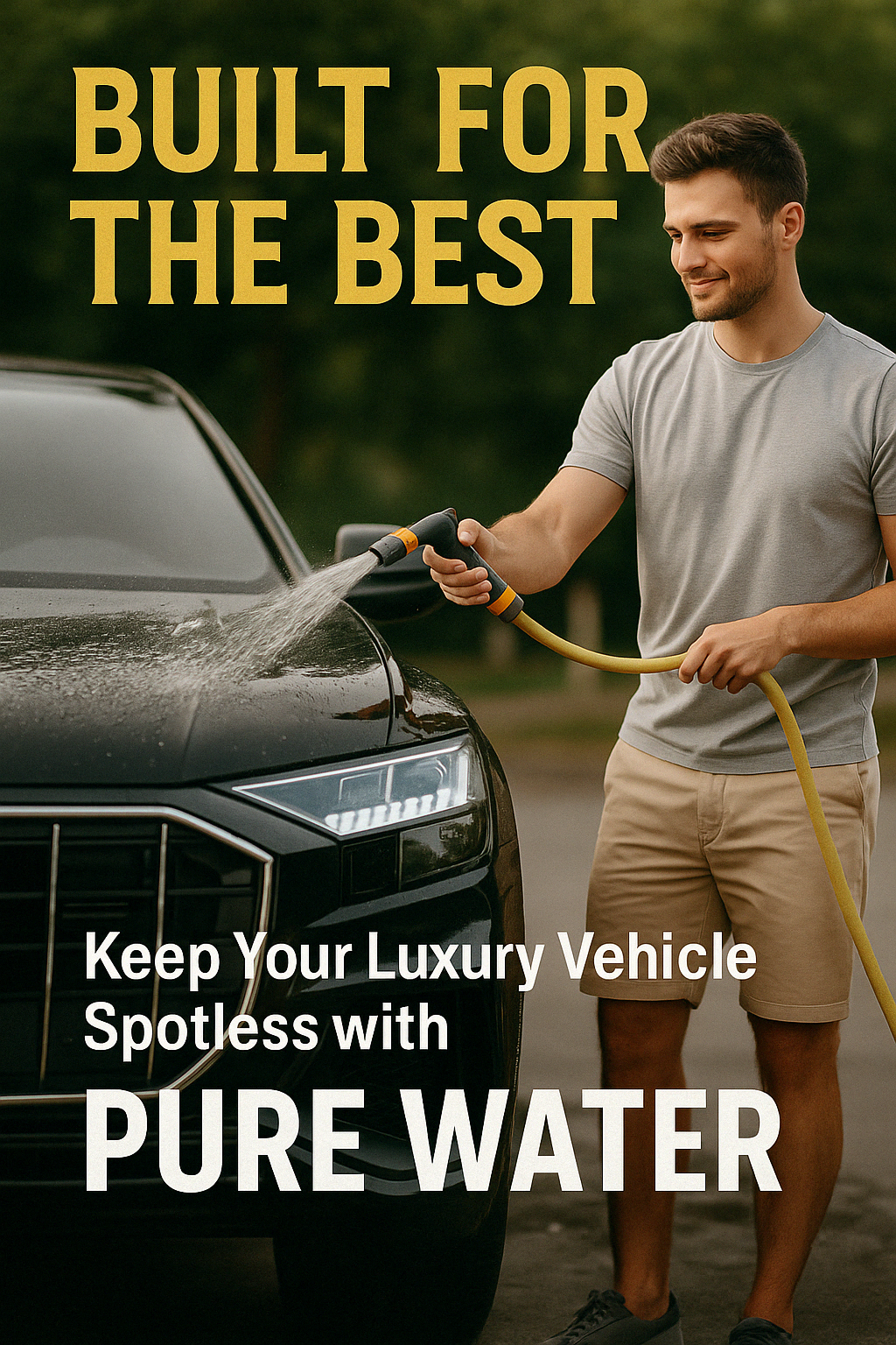 Young man washing a luxury black SUV with pure water at home using the PurePro® AW-400X ULTRA-PURE RO+DI WATER SYSTEM, achieving a spot free car wash without towel wiping.