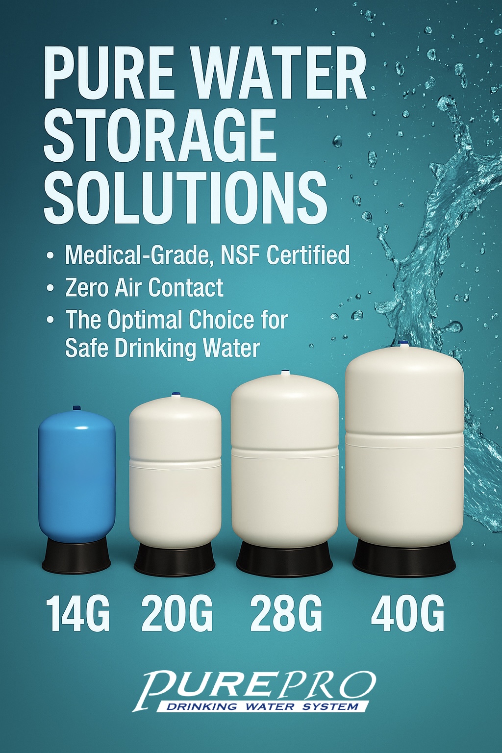PurePro pressure storage tanks in 14G, 20G, 28G, and 40G sizes. Medical-grade NSF certified with zero air contact—ideal for safe drinking water storage.