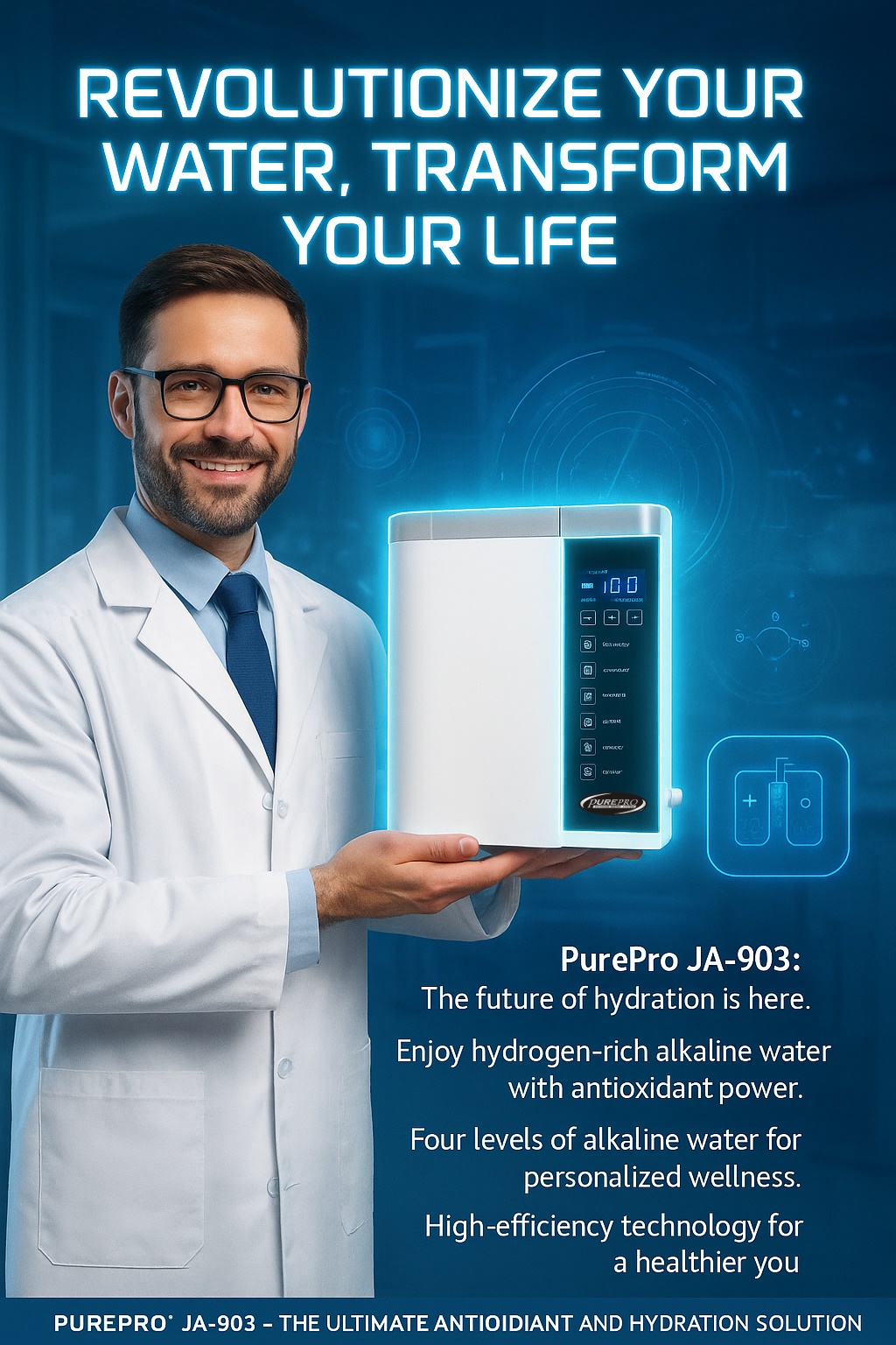 	Lab researchers analyzing PurePro® JA-903 ionized water, supported by peer-reviewed scientific research.