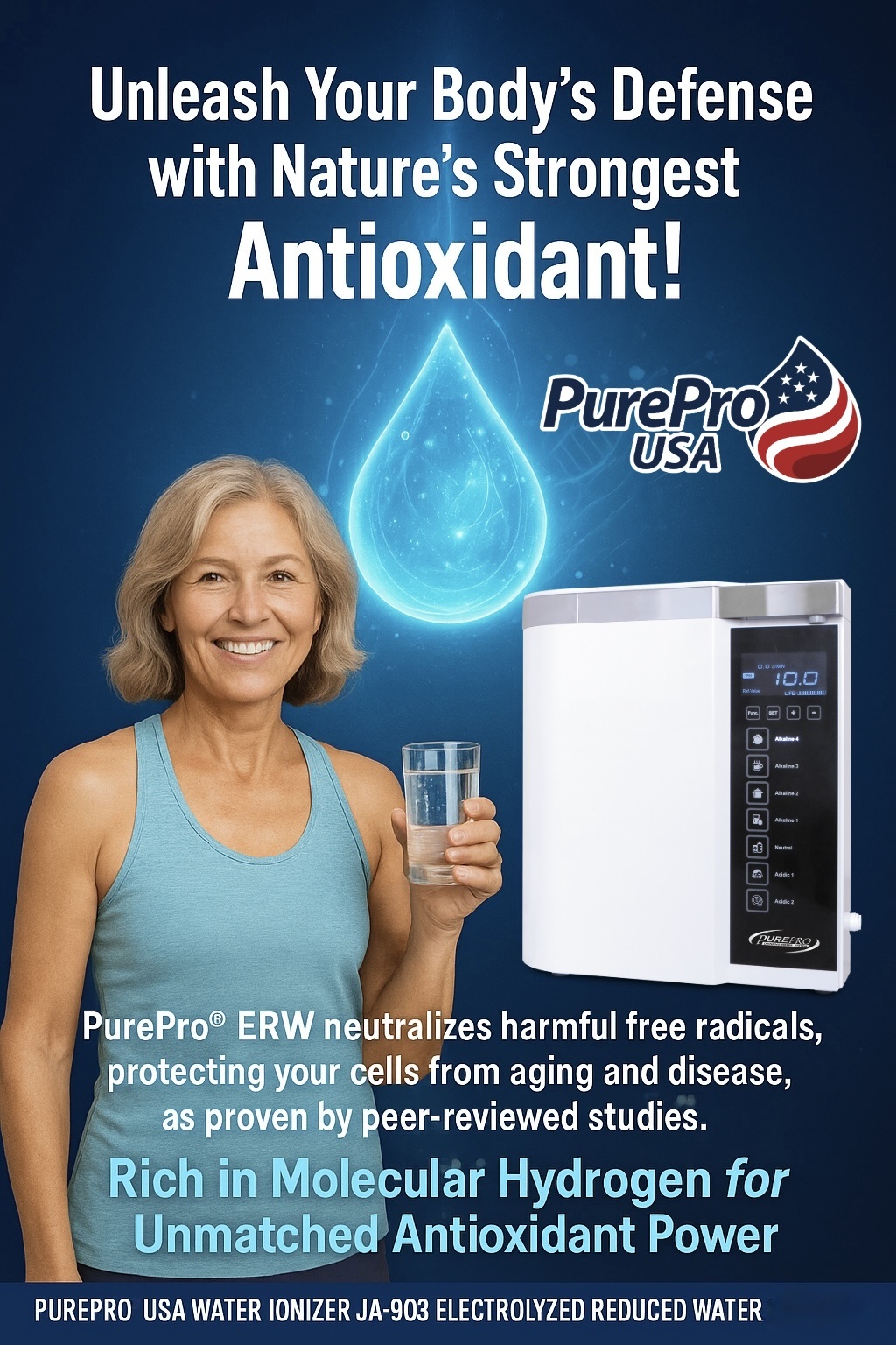 Scientist holding ionized water from PurePro® JA-903, showcasing DNA protection through advanced electrolysis.