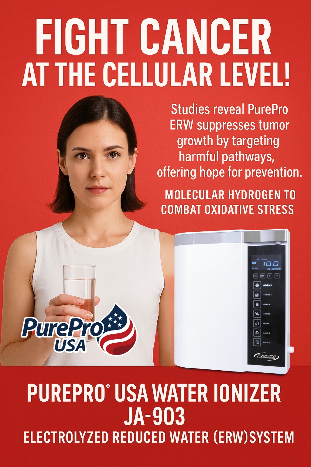 Bald cancer survivor drinking PurePro® JA-903 water, representing anti-cancer benefits and scientific hydration.