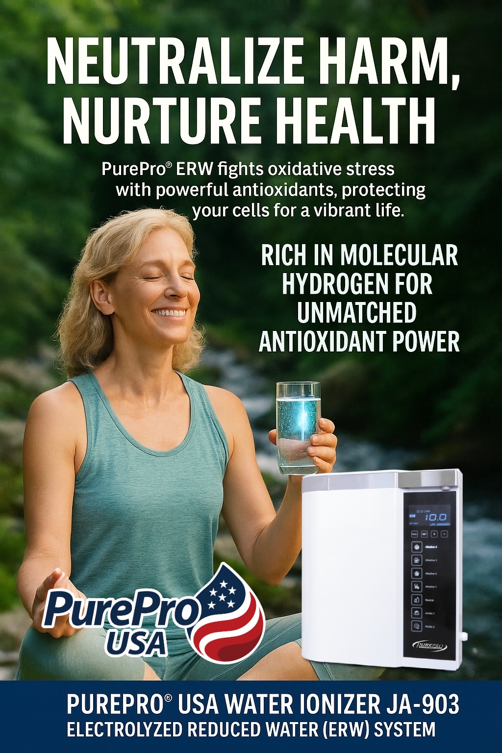 Woman smiling in nature holding PurePro® JA-903 ERW water, symbolizing antioxidant health protection and vibrant hydration.