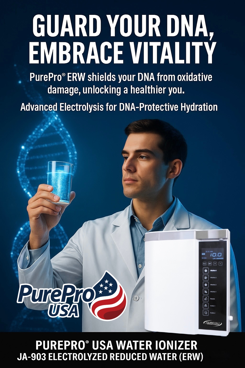 Scientist holding ionized water from PurePro® JA-903, showcasing DNA protection through advanced electrolysis.