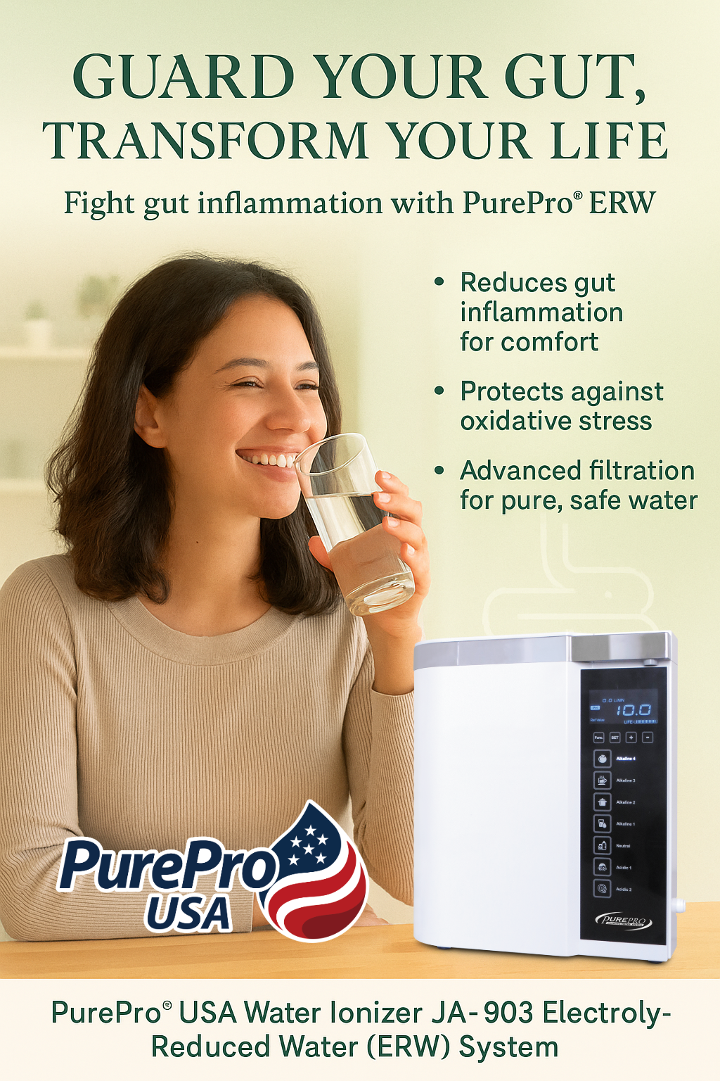	Young woman enjoying gut-friendly alkaline hydrogen water from PurePro® JA-903, promoting digestive wellness.