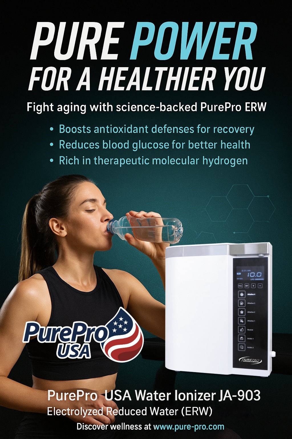 Female athlete rehydrating with PurePro® JA-903 ERW water, highlighting workout recovery and blood sugar balance.
