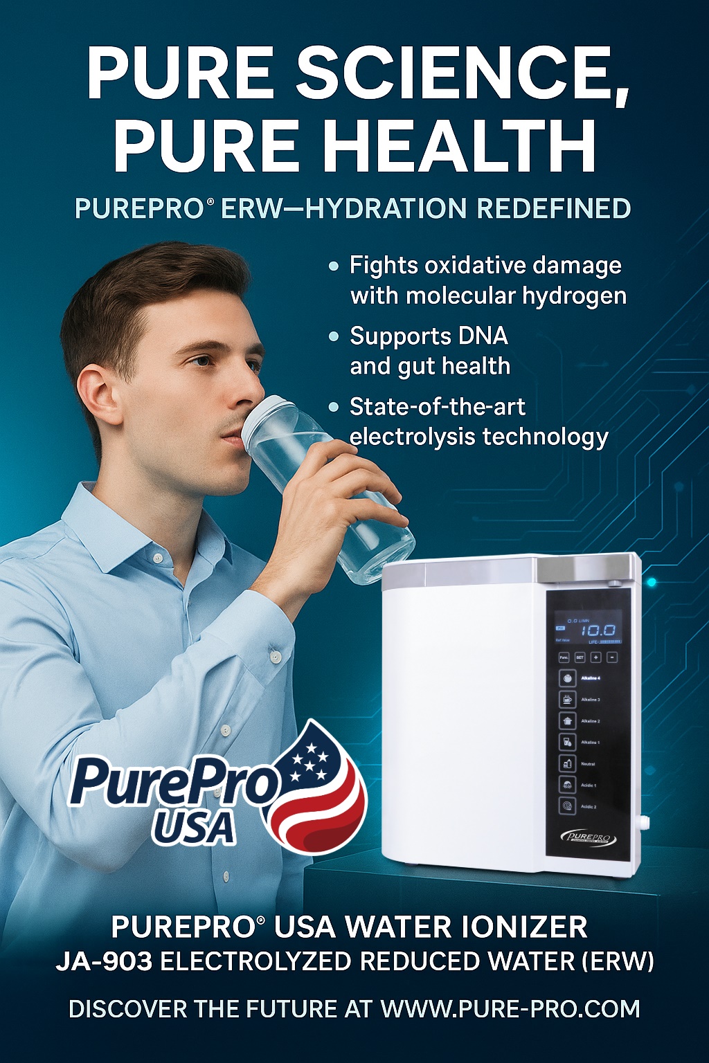 Lab researchers analyzing PurePro® JA-903 ionized water, supported by peer-reviewed scientific research.