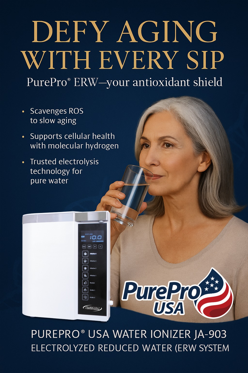 Elegant silver-haired woman drinking antioxidant-rich PurePro® water, demonstrating daily wellness.