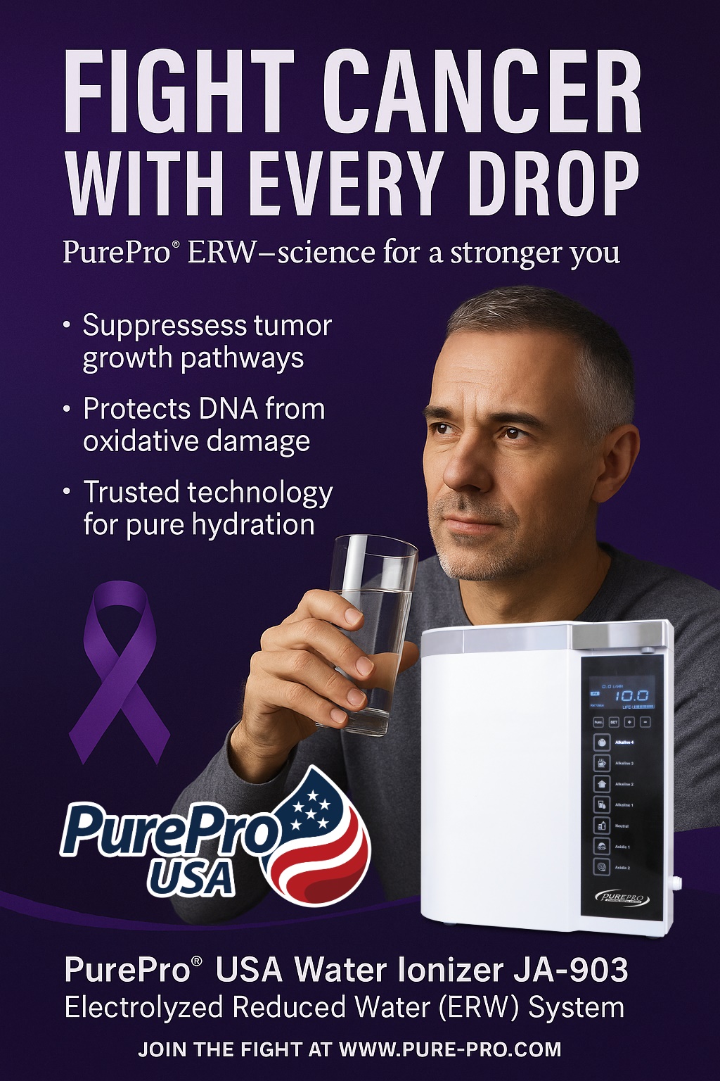Bald cancer survivor drinking PurePro® JA-903 water, representing anti-cancer benefits and scientific hydration.