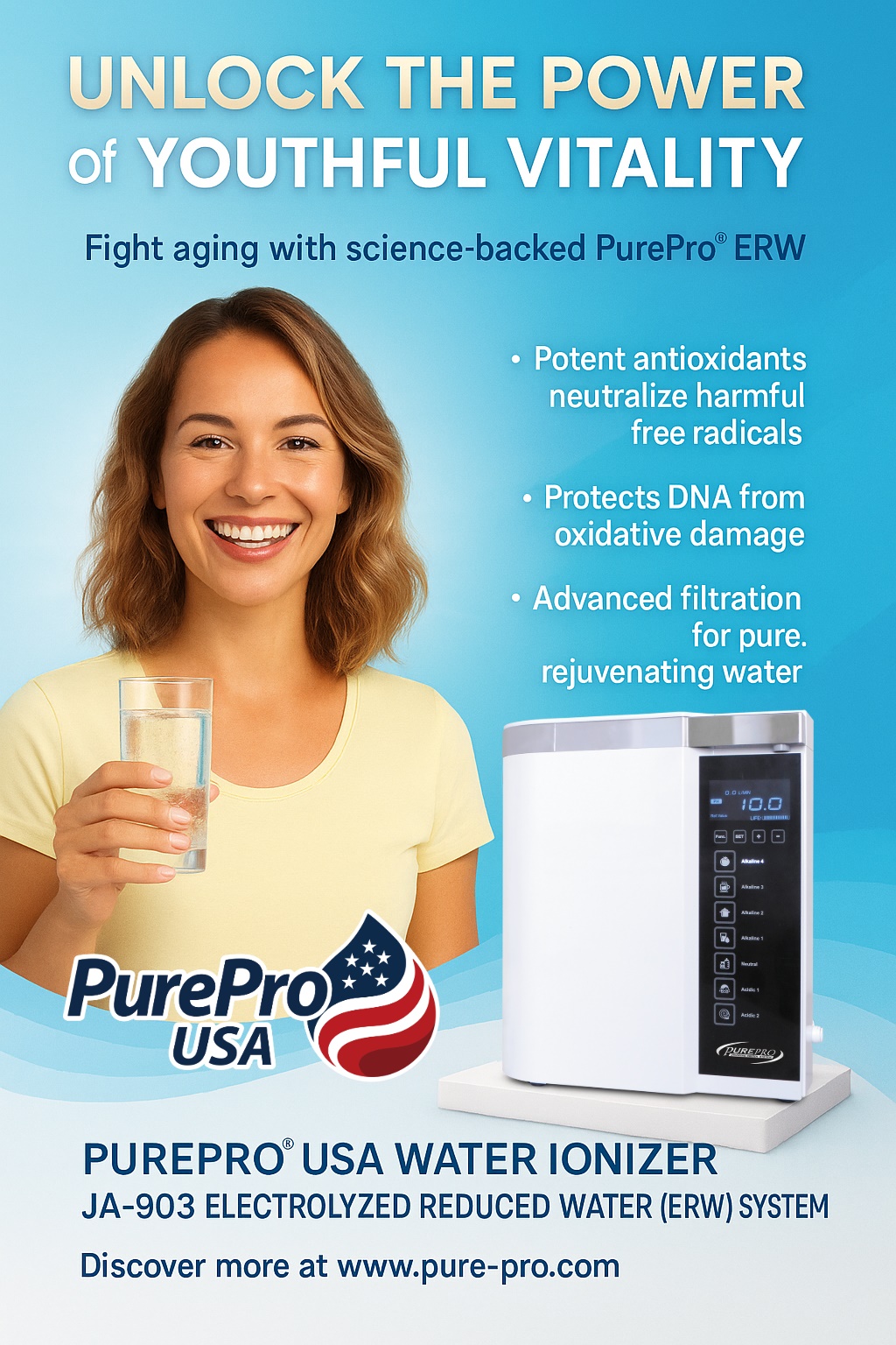 Smiling young woman holding a glass of PurePro® ERW, representing youthful vitality and cellular hydration.