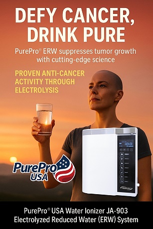 Bald cancer survivor drinking PurePro® JA-903 water, representing anti-cancer benefits and scientific hydration.