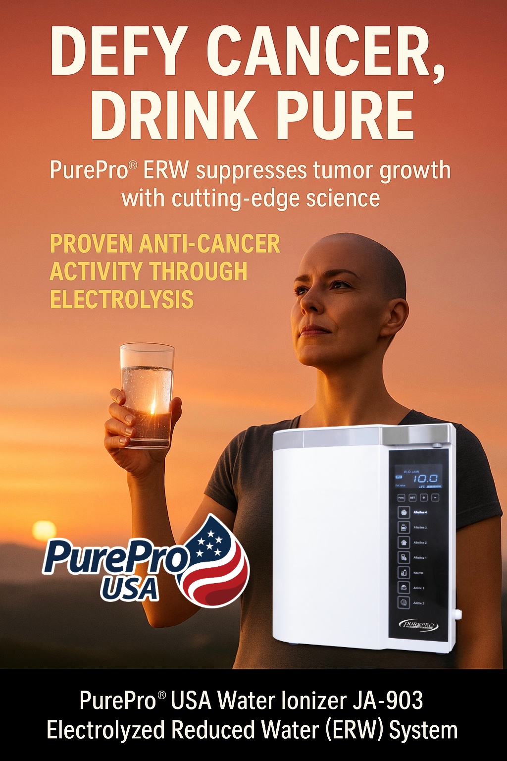 Bald cancer survivor drinking PurePro® JA-903 water, representing anti-cancer benefits and scientific hydration.