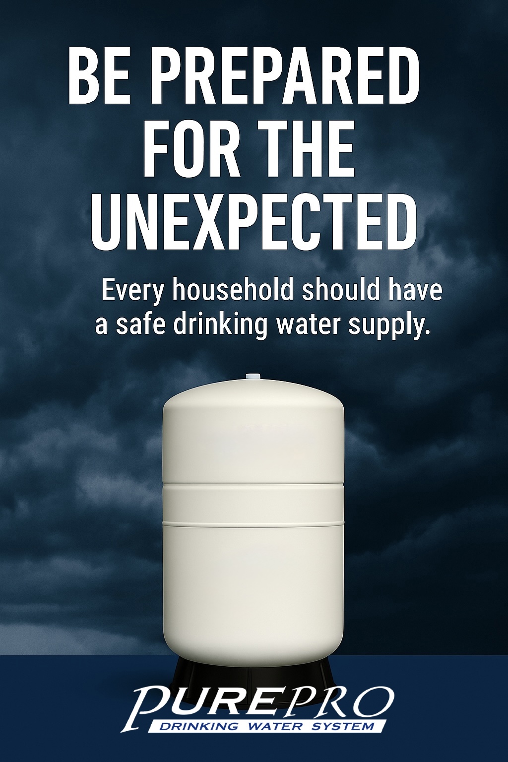 PurePro pressure storage tank with emergency preparedness message: 'No need to haul bottled water.' Promotes stored RO water as a reliable alternative during disasters.